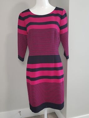 Tahari Fuchsia and Black Striped Midi Sheath Dress